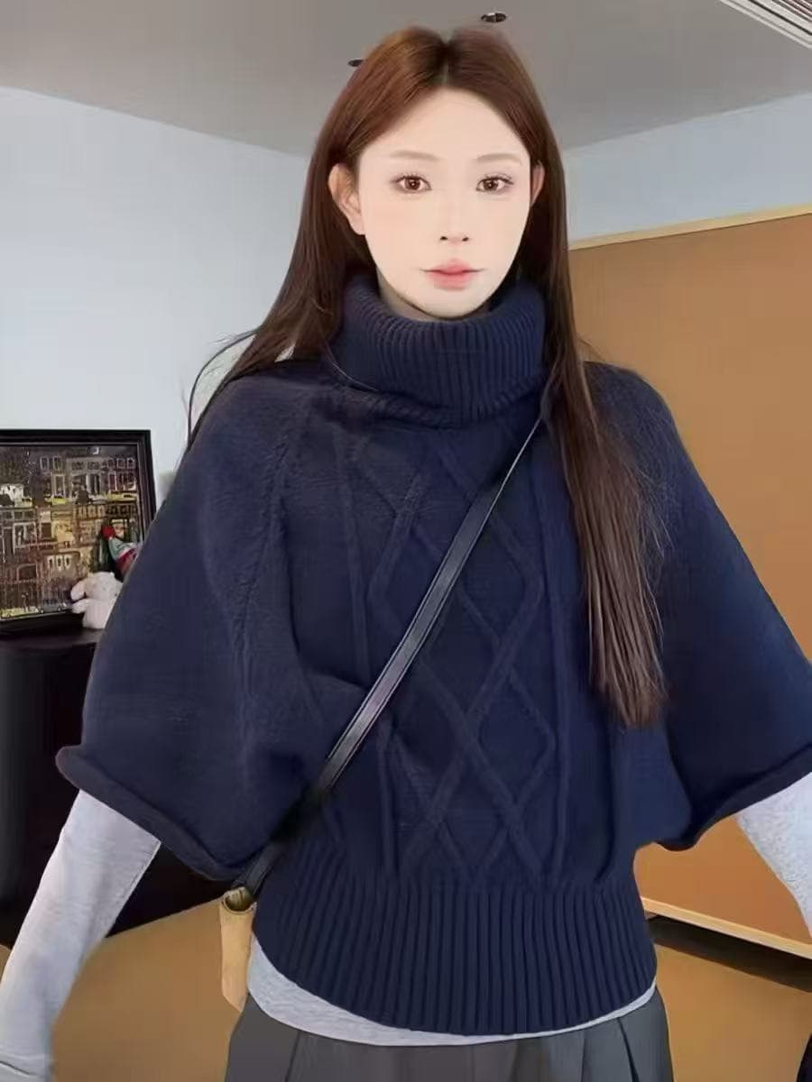 겨울 분위기 섹션 한 부서 터틀넥 꽈배기 망토 스웨터 여자 두꺼운 배트윙 소매 느긋한 바람 니트 맨위 이미지 2