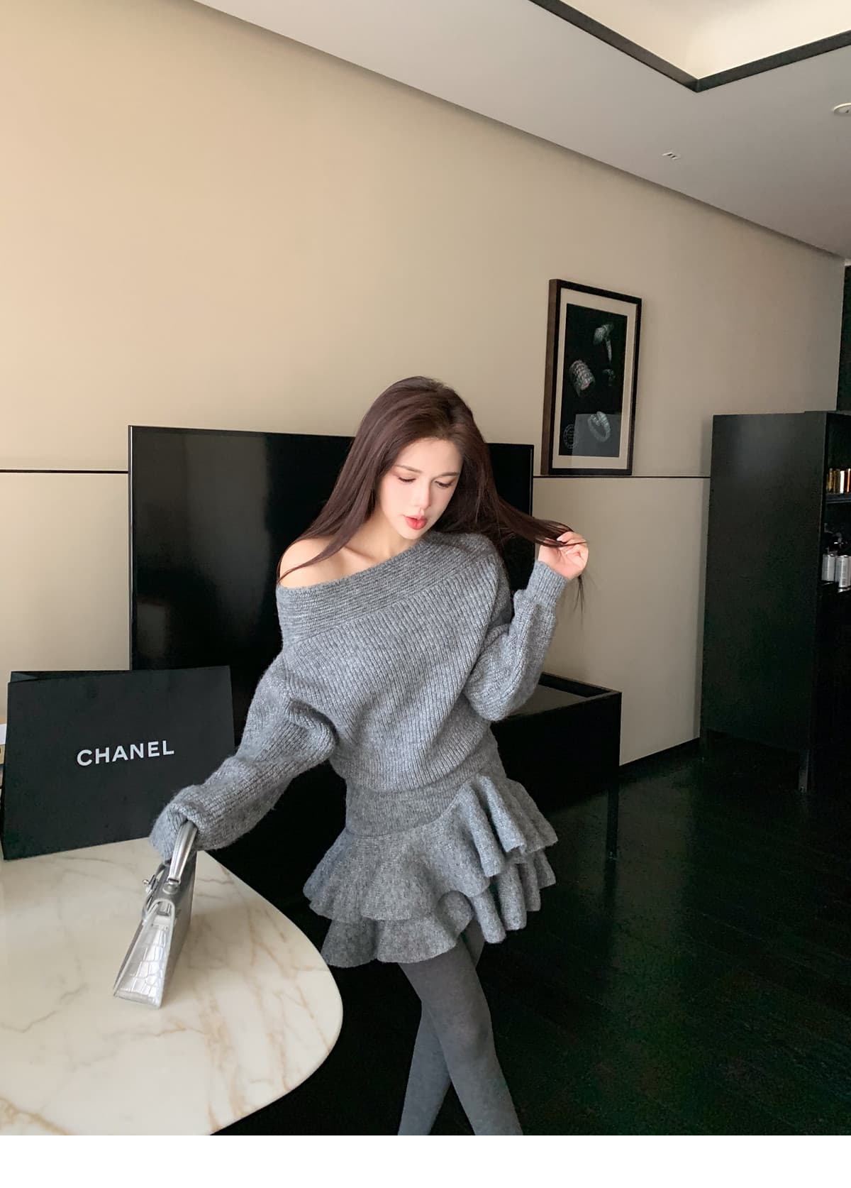 털 니켈 ladiesfirst 작은 샤넬 스타일 비스듬한 칼라 여성 스웨터 니트 스웨터 세트 긴팔 맨위 하이웨이스트 투피스 세트 이미지 2