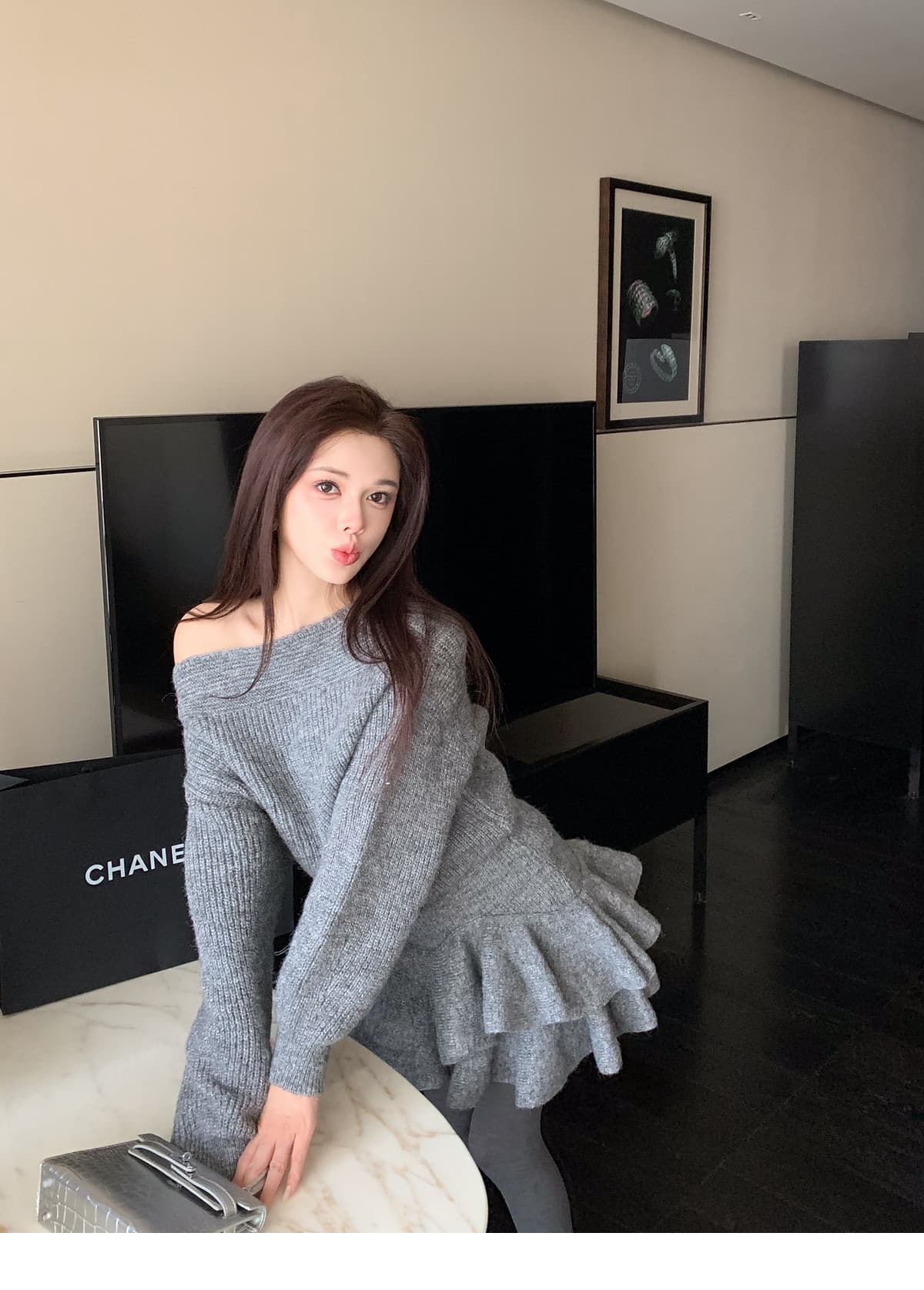 털 니켈 ladiesfirst 작은 샤넬 스타일 비스듬한 칼라 여성 스웨터 니트 스웨터 세트 긴팔 맨위 하이웨이스트 투피스 세트 이미지 3