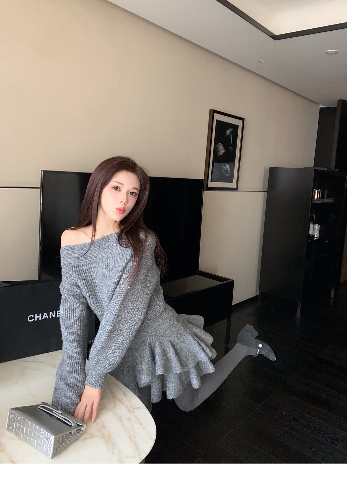 털 니켈 ladiesfirst 작은 샤넬 스타일 비스듬한 칼라 여성 스웨터 니트 스웨터 세트 긴팔 맨위 하이웨이스트 투피스 세트 상세 이미지 9