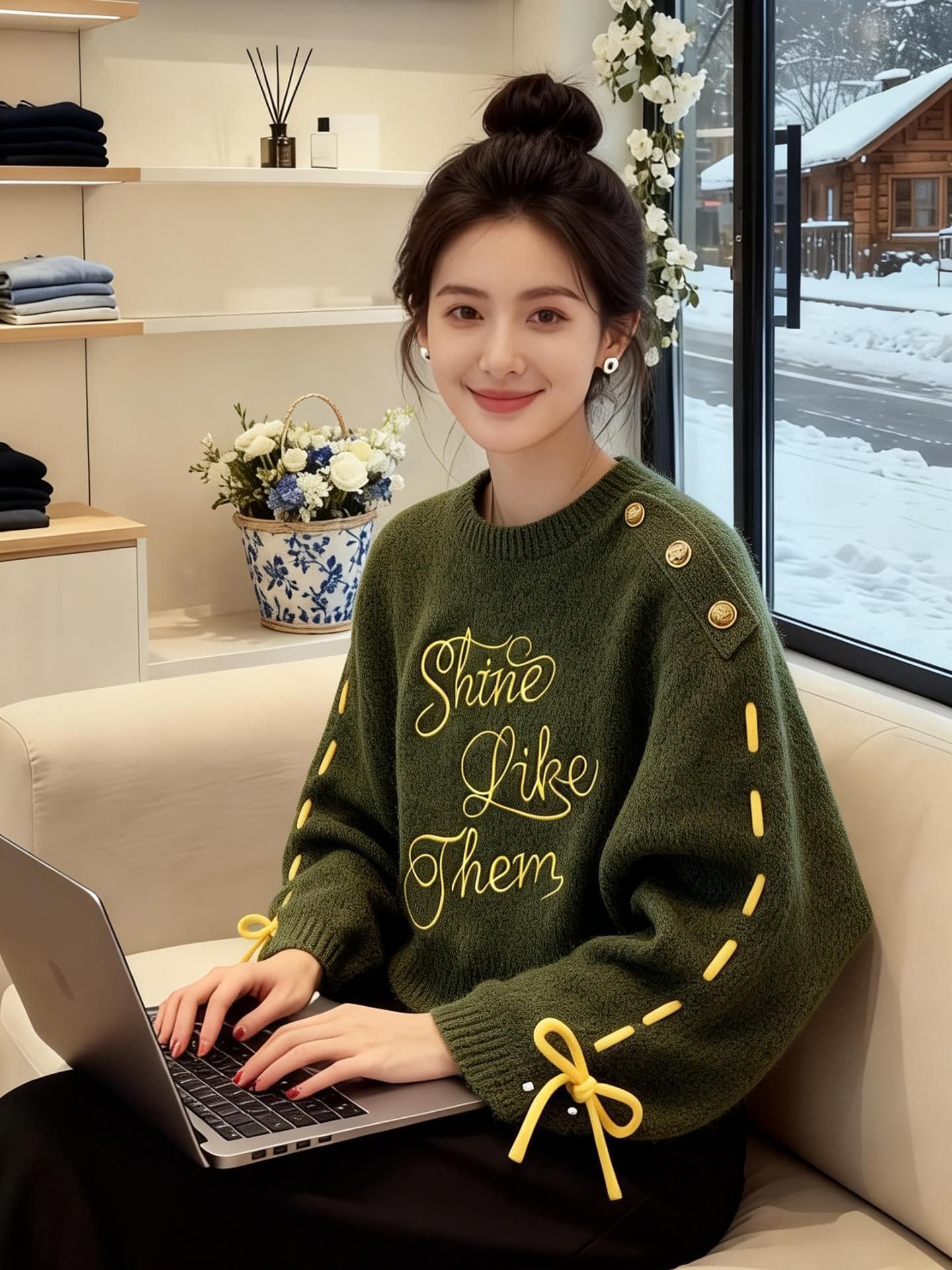 녹색 레트로 자수 긍정적 인 어깨 스웨터 여자 2026 새로운 머저리 빅 사이즈 지방 mm 슈퍼 잘 생긴 쇼트 스타일 니트 스웨터 맨위 상세 이미지 7