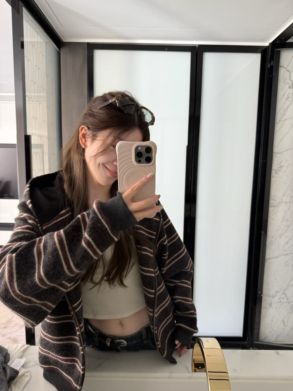 ashenonline 와일드 라스베리 도넛 아메리칸 레트로 스트라이프 후드티 디자인 센스 후드 오픈 가디건 여성 코트 상세 이미지 26