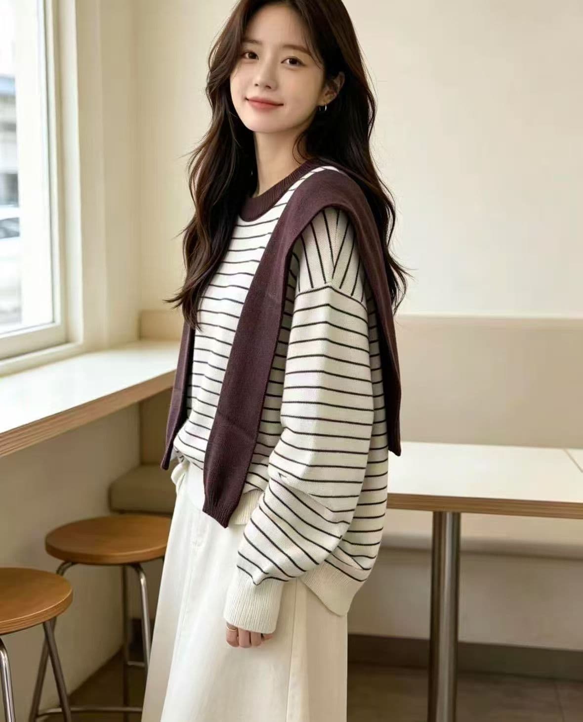 2026 가을 겨울철 새로운 한국 스타일 숄 레이스업 스트라이프 루즈핏 만나는 긴팔 털 니트 스웨터 티셔츠 맨위 여성 상세 이미지 9