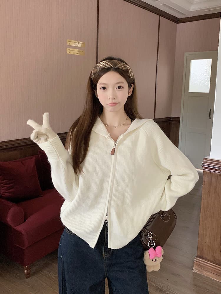 느긋한 바람 구덩이 기사 더블 지퍼 후드 긴팔 니트 오픈 가디건 여성 가을 겨울 루즈핏 스웨터 코트 만나는 맨위 상세 이미지 19