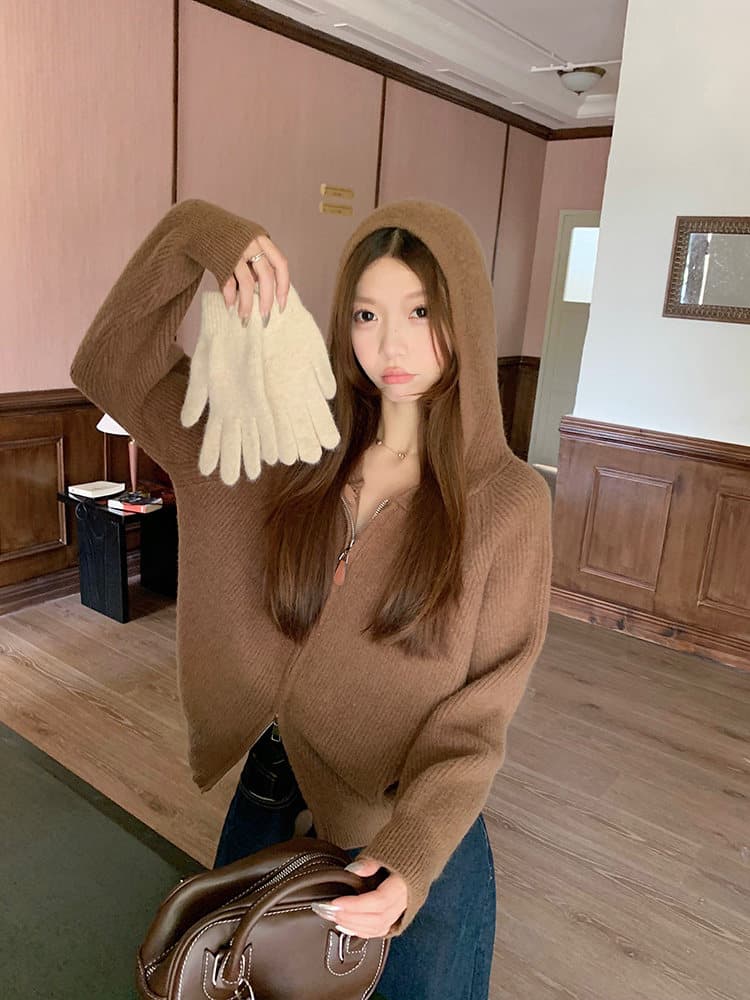 느긋한 바람 구덩이 기사 더블 지퍼 후드 긴팔 니트 오픈 가디건 여성 가을 겨울 루즈핏 스웨터 코트 만나는 맨위 상세 이미지 26