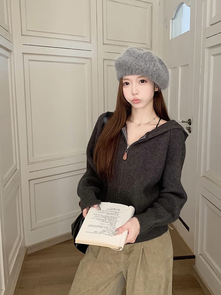 느긋한 바람 구덩이 기사 더블 지퍼 후드 긴팔 니트 오픈 가디건 여성 가을 겨울 루즈핏 스웨터 코트 만나는 맨위 상세 이미지 38