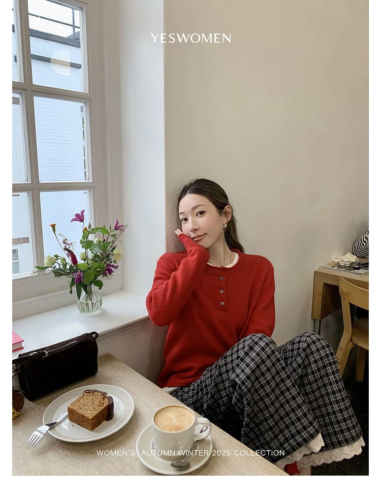 따뜻한 겨울 도파민 가을 겨울 새로운 라운드 넥 반 개방 버클 니트 스웨터 맨위 여성 스웨터 상세 이미지 18