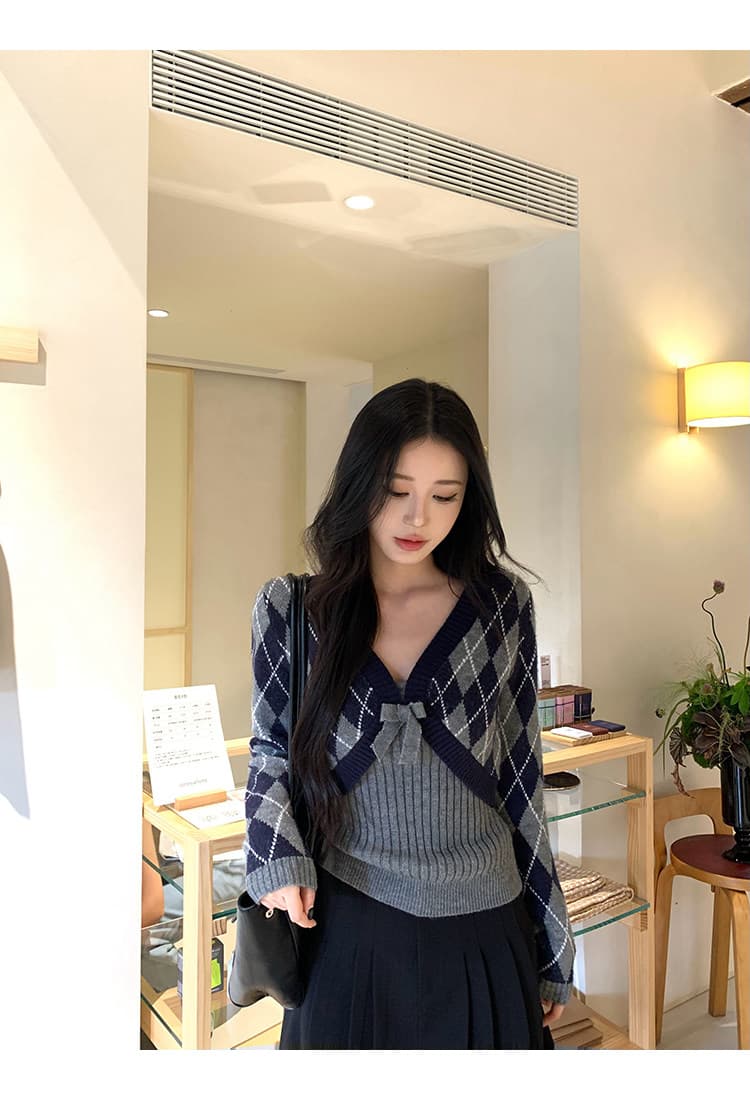 작은 요정 니켈 어린이 레트로 링 그리드 니트 오픈 가디건 여성 코트 가을 자이언트 잘 생긴 한 부서 스웨터 세트 패션 맨위 상세 이미지 25