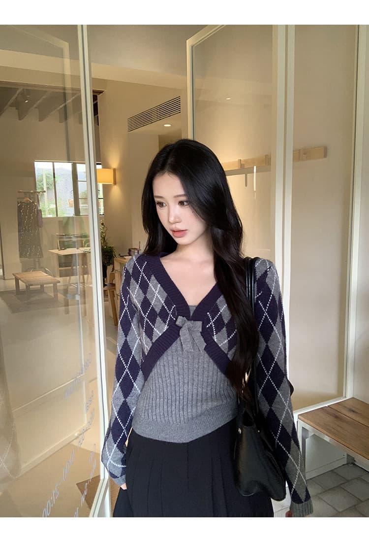 작은 요정 니켈 어린이 레트로 링 그리드 니트 오픈 가디건 여성 코트 가을 자이언트 잘 생긴 한 부서 스웨터 세트 패션 맨위 상세 이미지 31