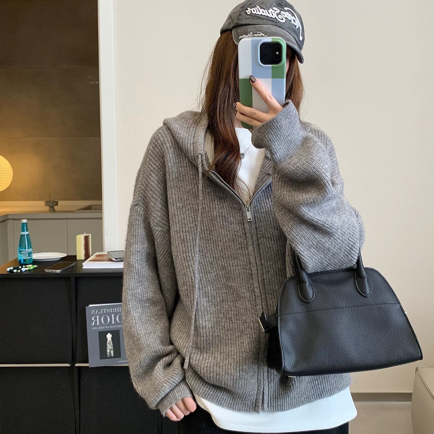 A 하나 부드러운 찹쌀 느긋한 바람 지퍼 스웨터 코트 가을 새로운 루즈핏 회색 후드 니트 오픈 가디건 여성 이미지 6