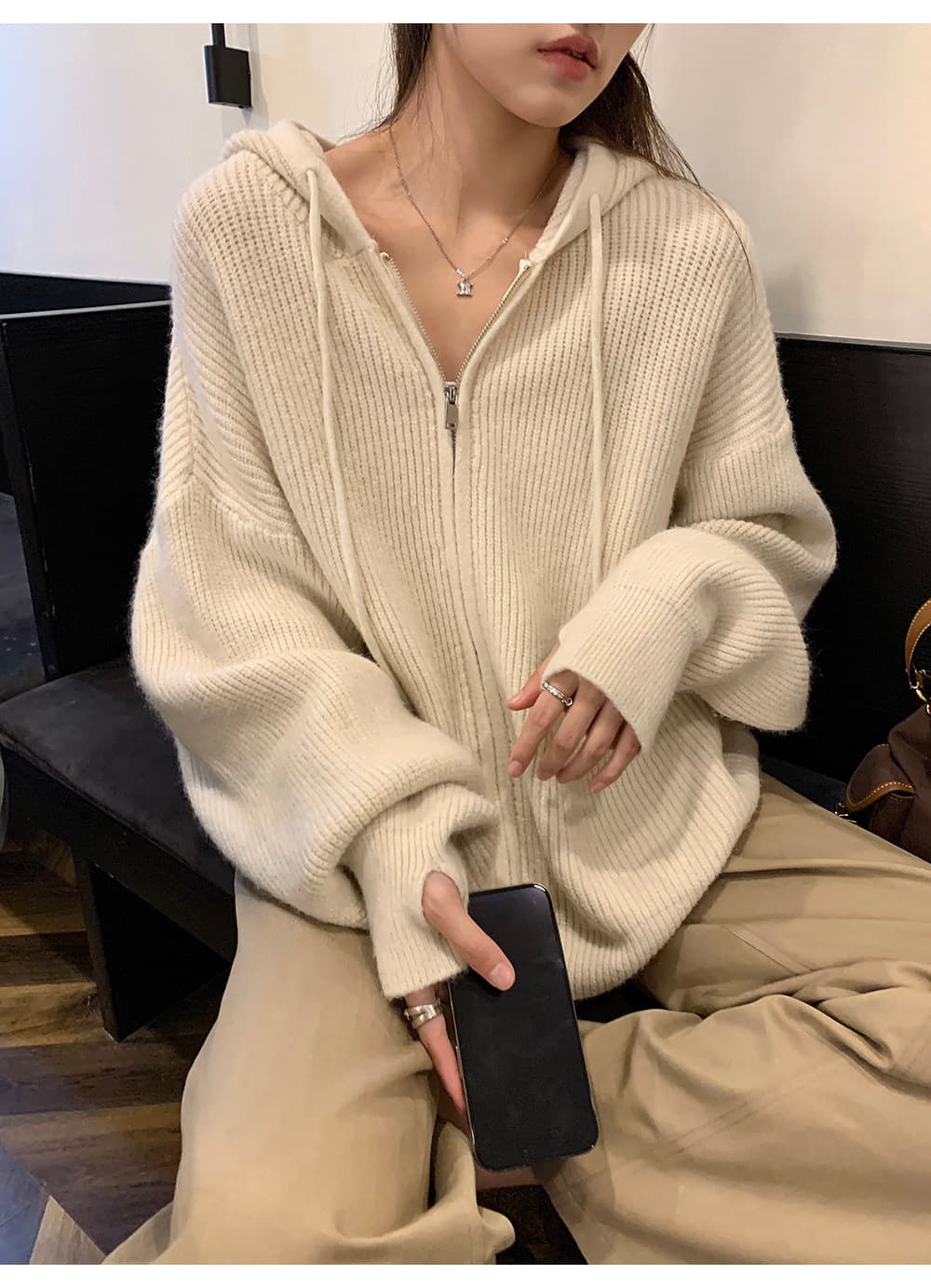 A 하나 부드러운 찹쌀 느긋한 바람 지퍼 스웨터 코트 가을 새로운 루즈핏 회색 후드 니트 오픈 가디건 여성 상세 이미지 8