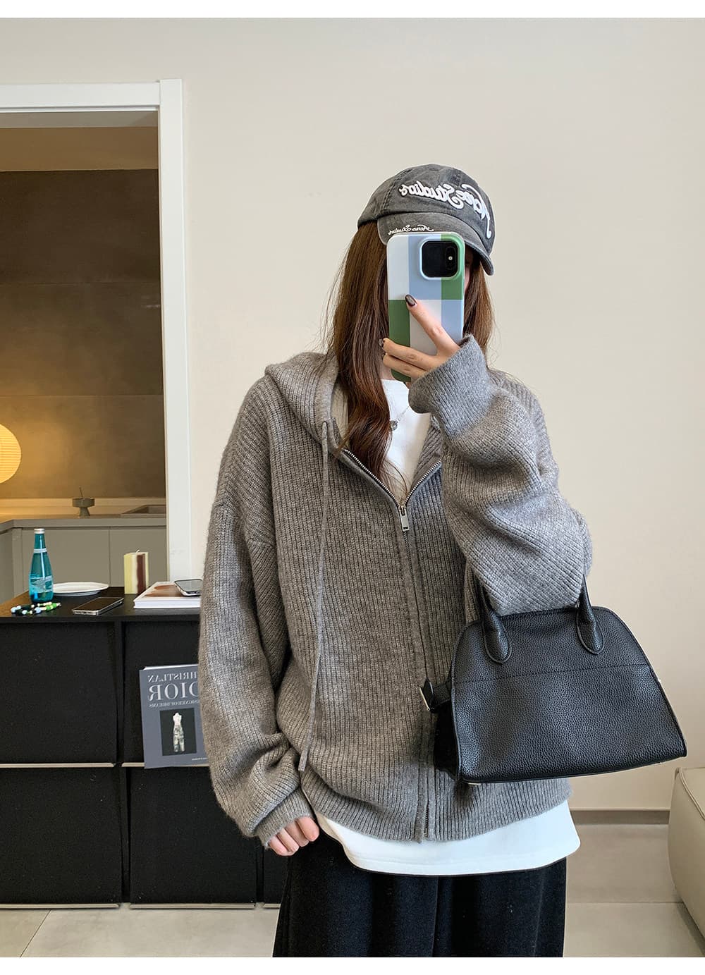 A 하나 부드러운 찹쌀 느긋한 바람 지퍼 스웨터 코트 가을 새로운 루즈핏 회색 후드 니트 오픈 가디건 여성 상세 이미지 12