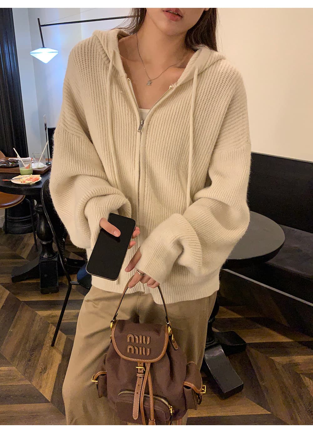 A 하나 부드러운 찹쌀 느긋한 바람 지퍼 스웨터 코트 가을 새로운 루즈핏 회색 후드 니트 오픈 가디건 여성 상세 이미지 28