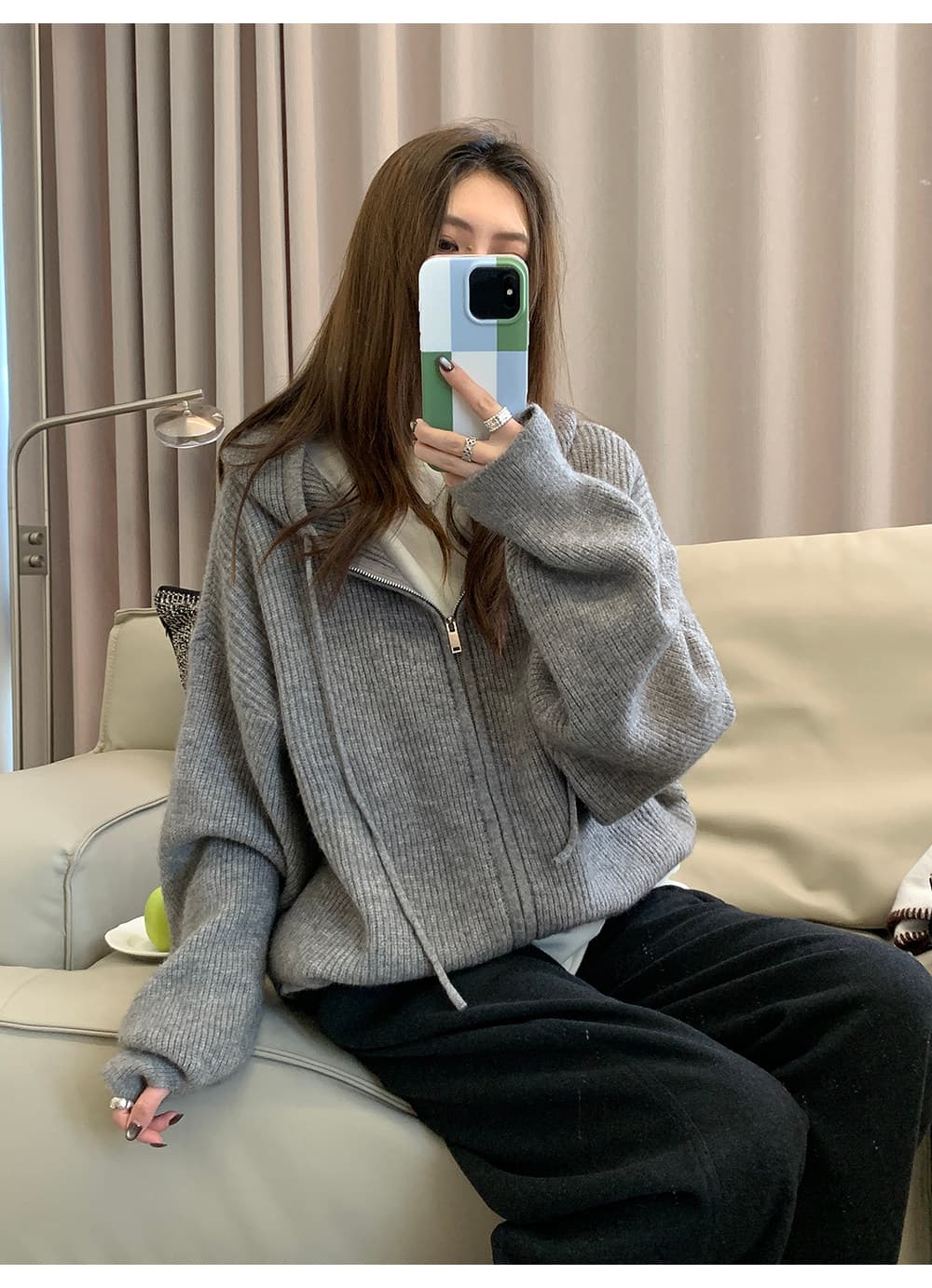 A 하나 부드러운 찹쌀 느긋한 바람 지퍼 스웨터 코트 가을 새로운 루즈핏 회색 후드 니트 오픈 가디건 여성 상세 이미지 33