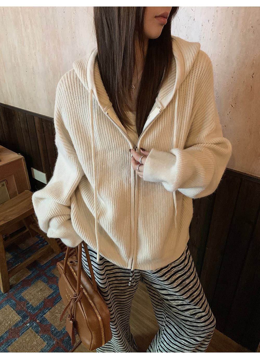 A 하나 부드러운 찹쌀 느긋한 바람 지퍼 스웨터 코트 가을 새로운 루즈핏 회색 후드 니트 오픈 가디건 여성 상세 이미지 42