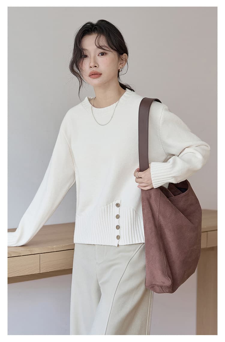 huixi 페인트 부서 살구 색상 라운드 넥 스웨터 여자 2026 가을 새로운 측면 단추 다용도 Chic 니트 스웨터 맨위 상세 이미지 15
