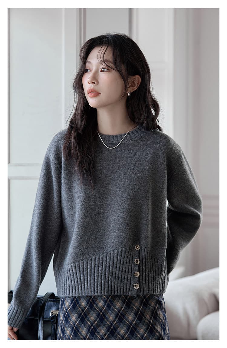 huixi 페인트 부서 살구 색상 라운드 넥 스웨터 여자 2026 가을 새로운 측면 단추 다용도 Chic 니트 스웨터 맨위 상세 이미지 21