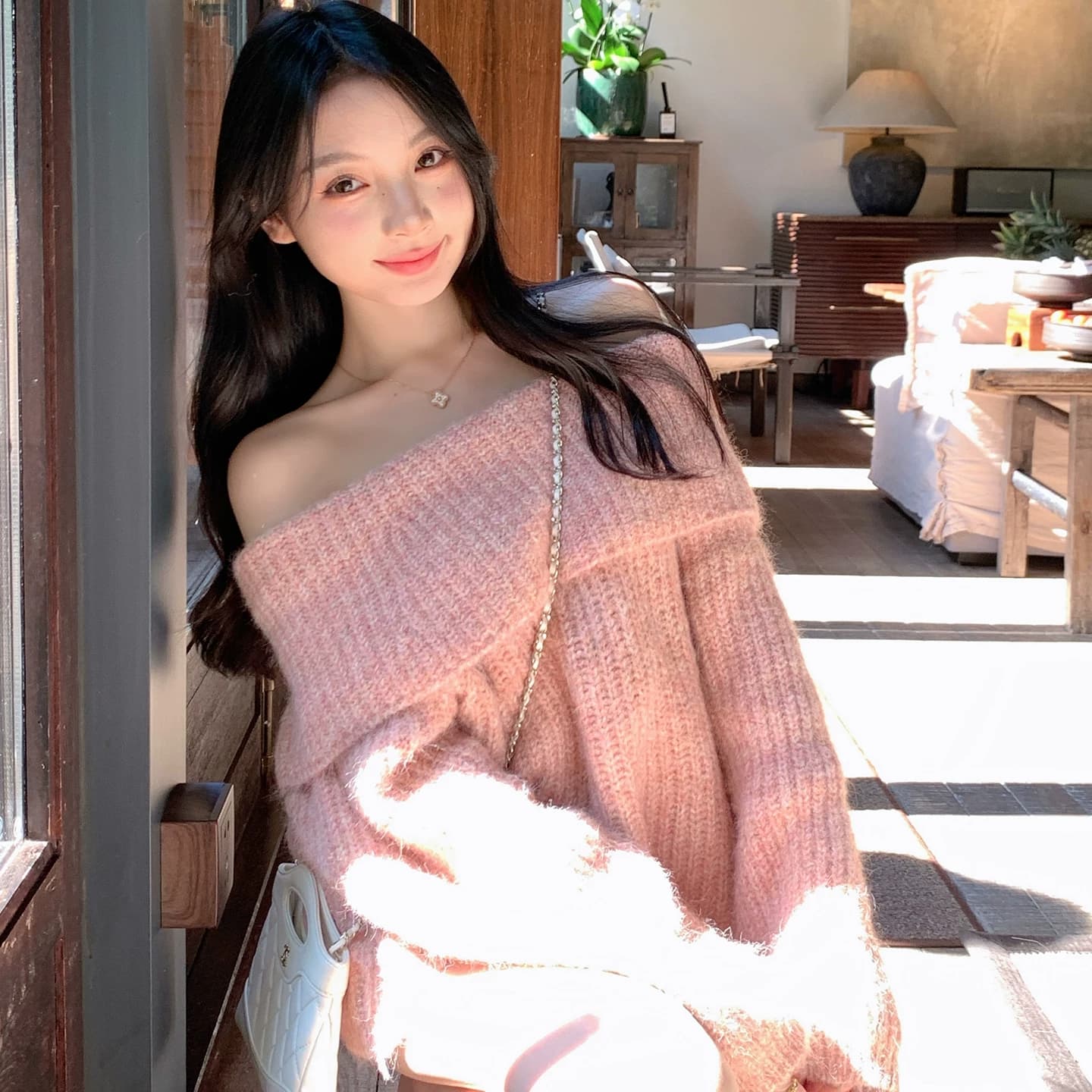 주 그래. 그래. 핑크색 폴로 칼라 오프숄더 스웨터 여자 인사이드 가져 가라. 만나는 조기 가을 새로운 오프숄더 맨위 고급 센스 이미지 3