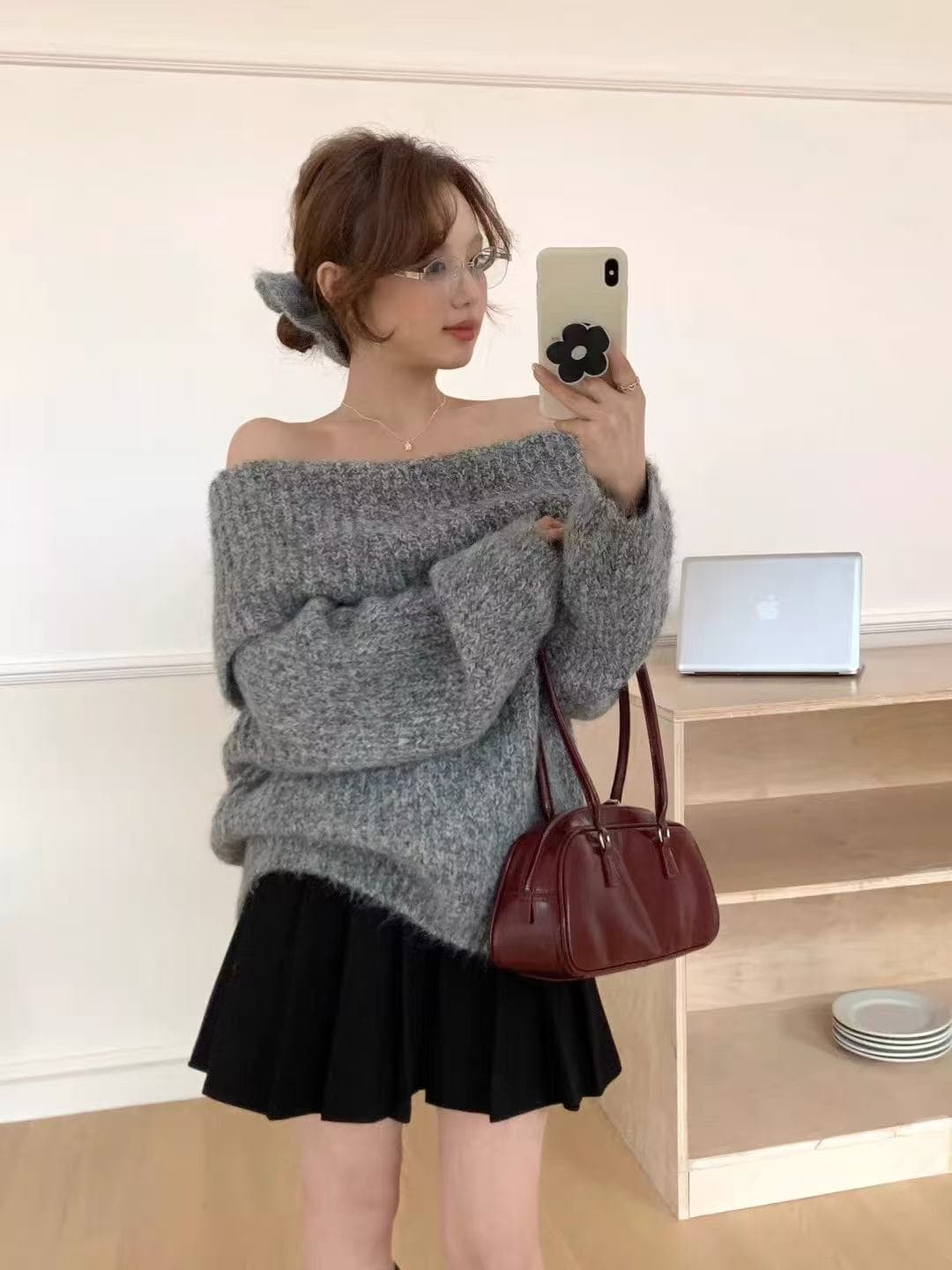 주 그래. 그래. 핑크색 폴로 칼라 오프숄더 스웨터 여자 인사이드 가져 가라. 만나는 조기 가을 새로운 오프숄더 맨위 고급 센스 상세 이미지 3