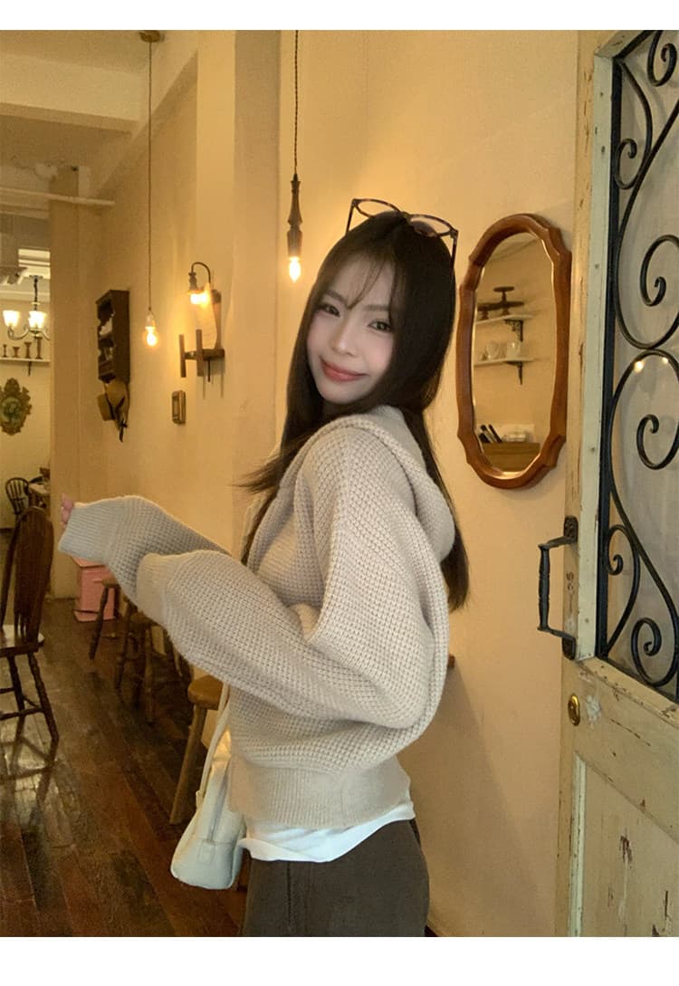 송 긍정적 인 En 후아 남편 그리드 후드 니트 여성 코트 가을 2026 년 한 부서 루즈핏 느긋한 스웨터 오픈 가디건 맨위 상세 이미지 23