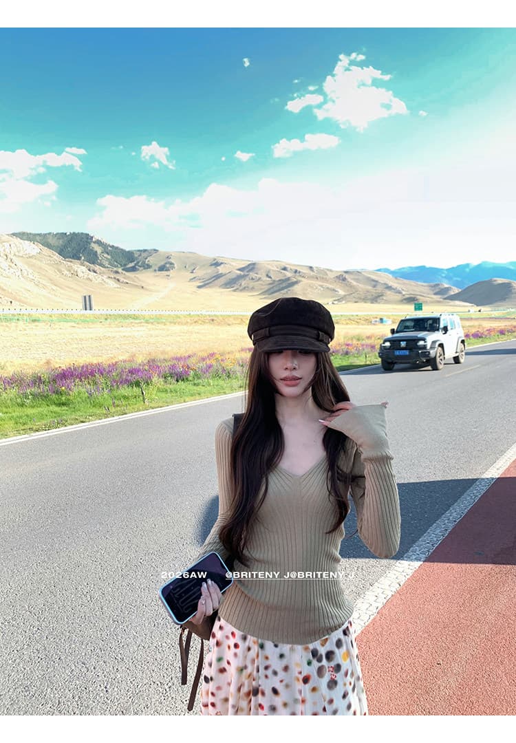 작은 6 월 6 월 브리트니 지능 사랑 몸매 가꾸기 슬림해 보이는 수직 구덩이 기사 V넥 부츠컷 커프스 만나는 맨위 니트 스웨터 상세 이미지 8