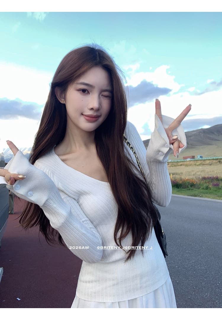 작은 6 월 6 월 브리트니 지능 사랑 몸매 가꾸기 슬림해 보이는 수직 구덩이 기사 V넥 부츠컷 커프스 만나는 맨위 니트 스웨터 상세 이미지 35