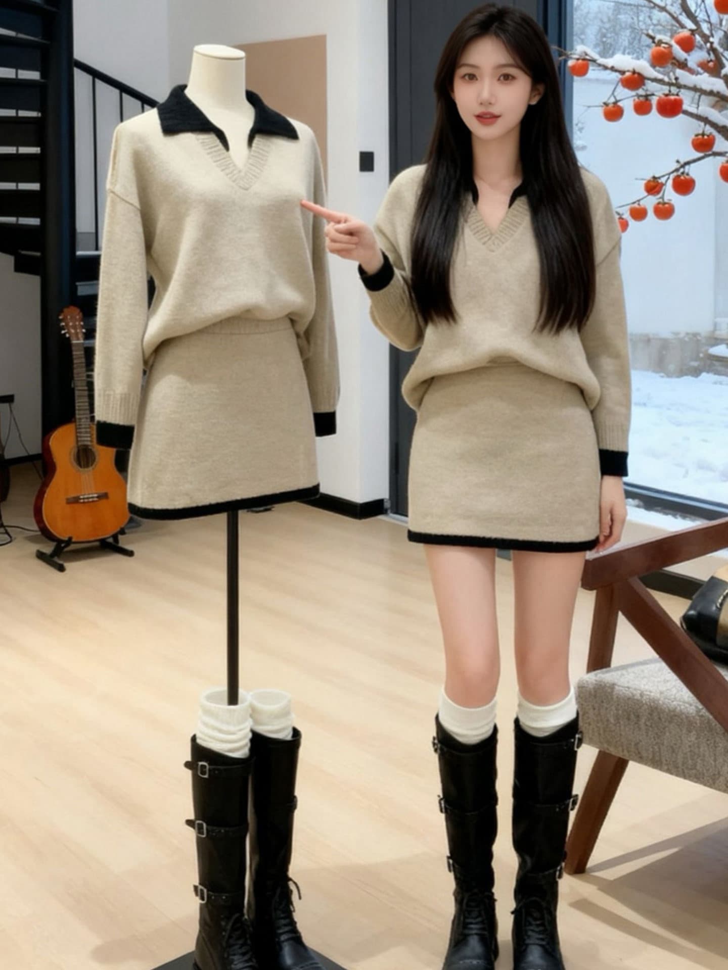유럽 상품 패션 미니멀리즘 배색 POLO 칼라 로드 바늘 맨위 반신 치마 세트 여성 2026 새로운 착용 가져 가라. 새로운 트렌디 상세 이미지 12