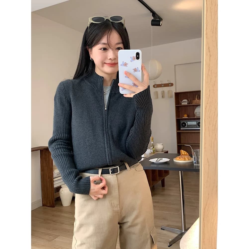 품격 몸매 가꾸기 슬림해 보이는 스탠드 칼라 양모 니트 지퍼 오픈 가디건 여성 가을 겨울 쇼트 스타일 카디건 재킷 예쁜 스웨터 상세 이미지 9