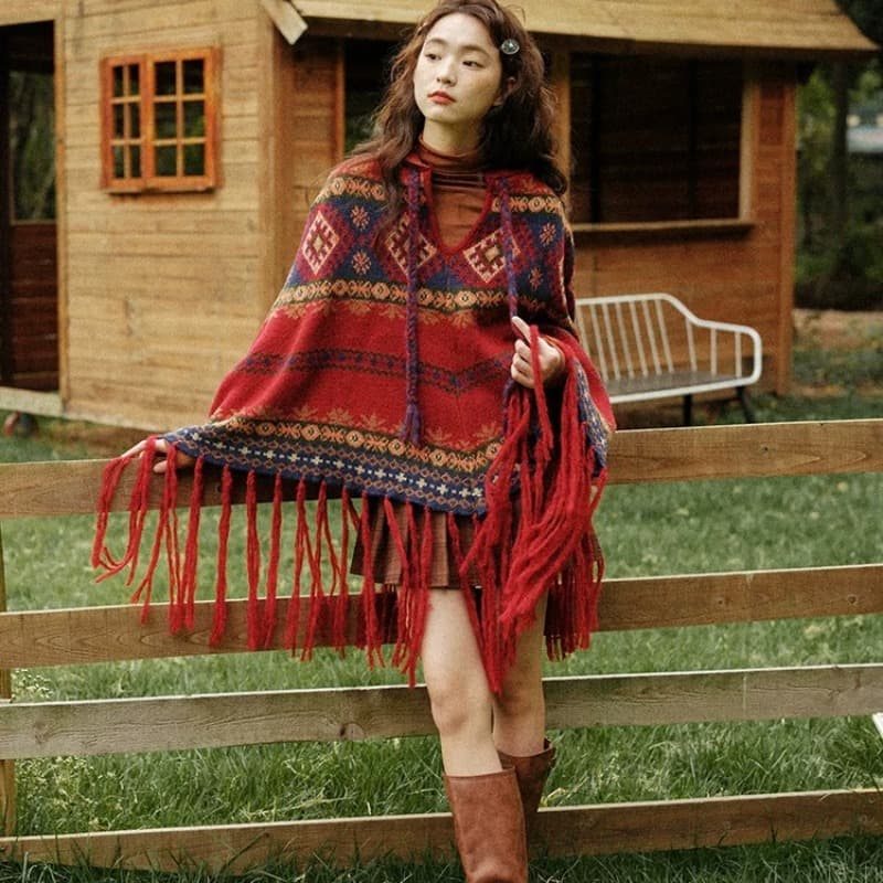 가을 겨울 휴가 티벳 운남 레트로 빨간색 크리스마스 술 후드 망토 보온 자외선 차단 숄 외부 가져 가라. 스웨터 이미지 6