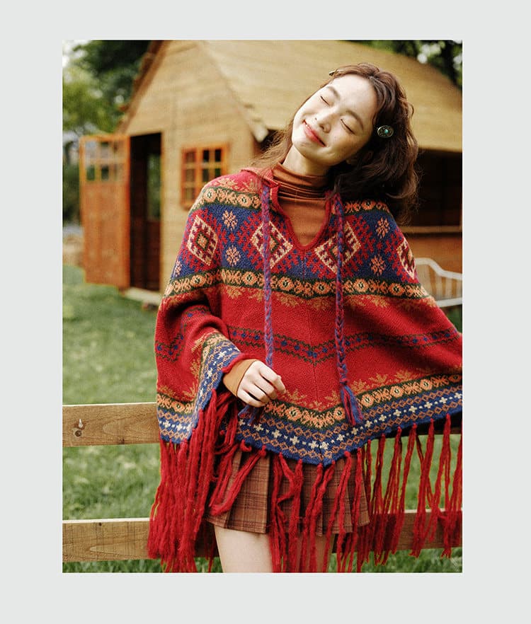 가을 겨울 휴가 티벳 운남 레트로 빨간색 크리스마스 술 후드 망토 보온 자외선 차단 숄 외부 가져 가라. 스웨터 상세 이미지 4