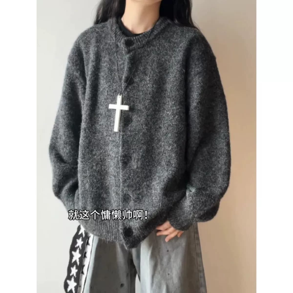 플리스 플러시 아메리칸 느긋한 바람 단추 오픈 가디건 스웨터 여자 가을 조수 브랜드 레트로 단색 니트 스웨터 재킷 상세 이미지 1
