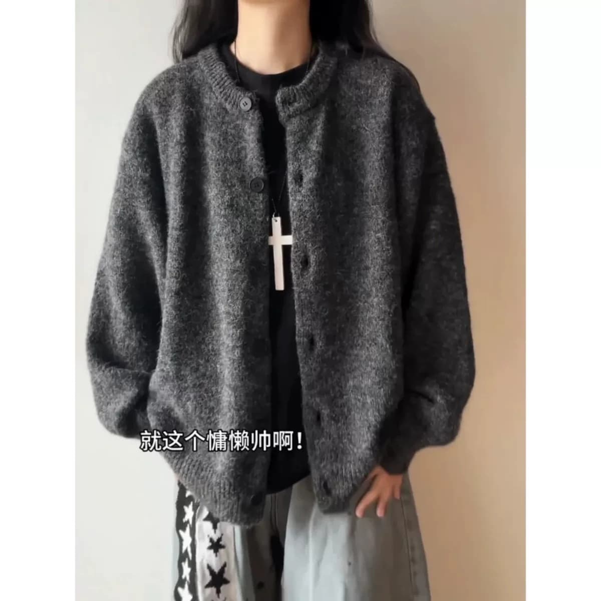 플리스 플러시 아메리칸 느긋한 바람 단추 오픈 가디건 스웨터 여자 가을 조수 브랜드 레트로 단색 니트 스웨터 재킷 상세 이미지 5