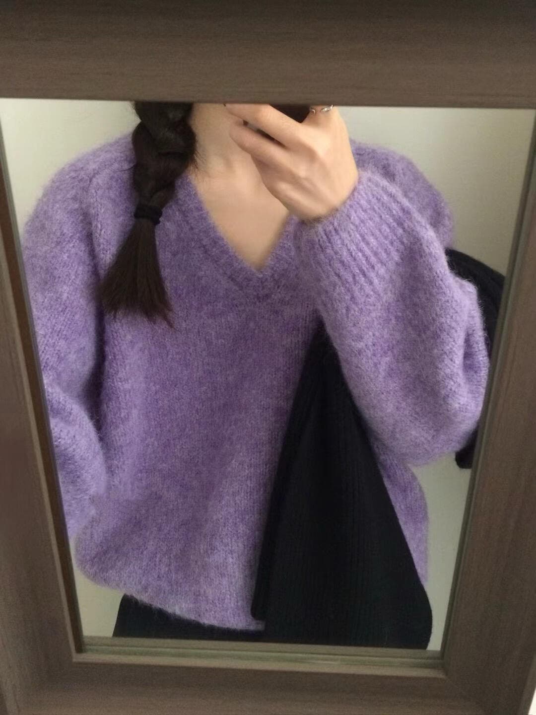 달콤함 연령 감소 작은 청신 파란색 V넥 스웨터 여성 코트 가을 겨울 루즈핏 작은 대중 느슨함 센스 니트 스웨터 맨위 상세 이미지 2