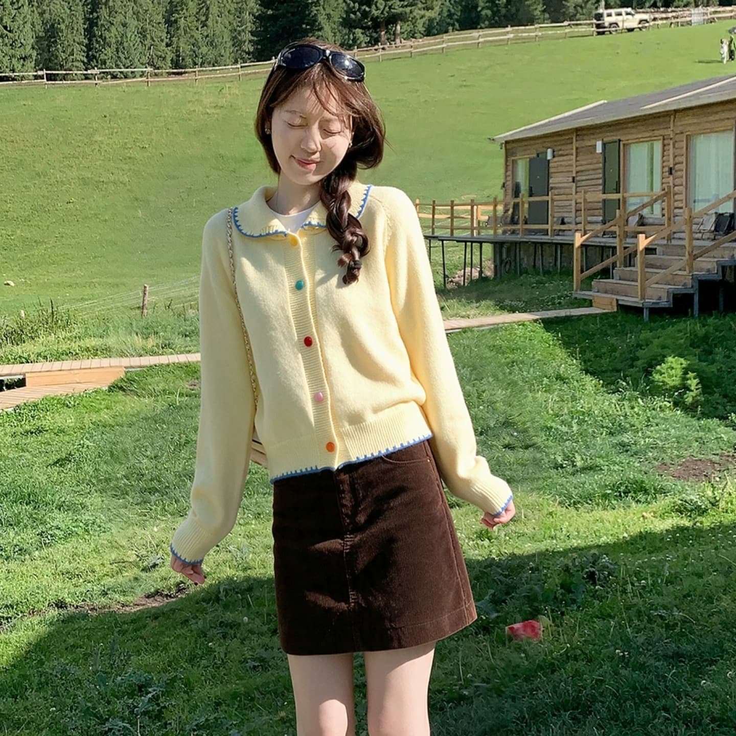 한 번 작은 짭짤한 한 부서 우유 황색 색상 버클 니트 오픈 가디건 여성 가을 베이비 칼라 레이스 스웨터 연령 감소 달콤함 맨위 이미지 5