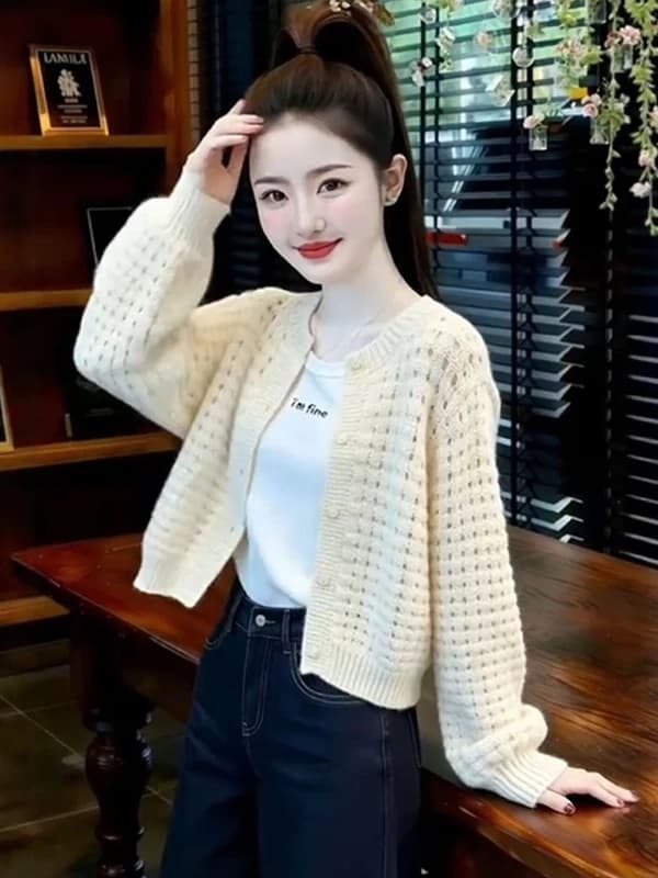 한국 스타일 품격 핫걸 홀로우 아웃 패션 니트 오픈 가디건 여성 의류 2026 가을 겨울 새로운 루즈핏 슬림해 보이는 스웨터 코트 이미지 5
