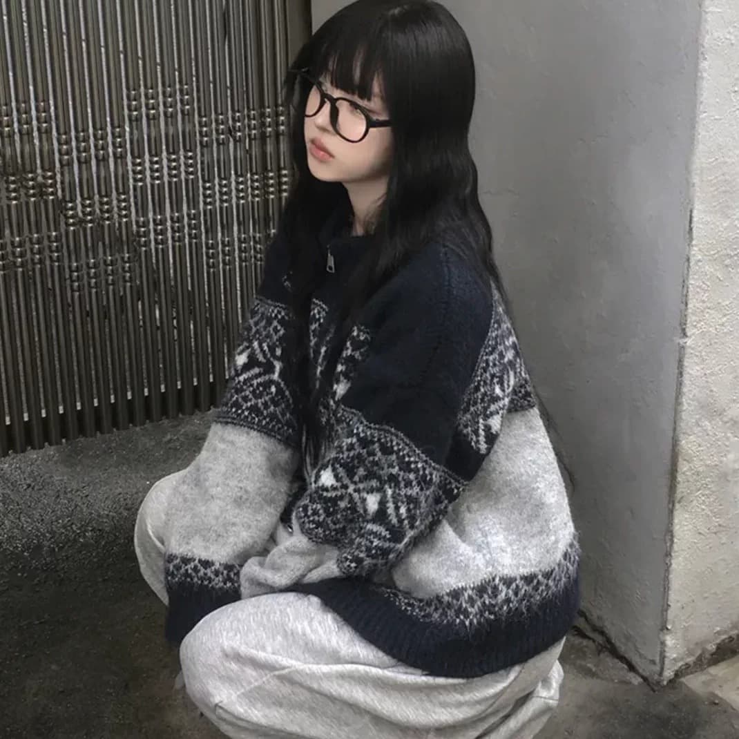 가을철 일기 공정한 섬 눈꽃 니트 지퍼 셔츠 따뜻한 부드럽다 찹쌀 레트로 캐주얼 루즈핏 스웨터 코트 이미지 5