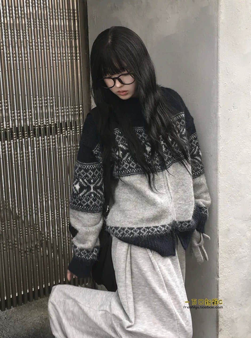 가을철 일기 공정한 섬 눈꽃 니트 지퍼 셔츠 따뜻한 부드럽다 찹쌀 레트로 캐주얼 루즈핏 스웨터 코트 상세 이미지 7