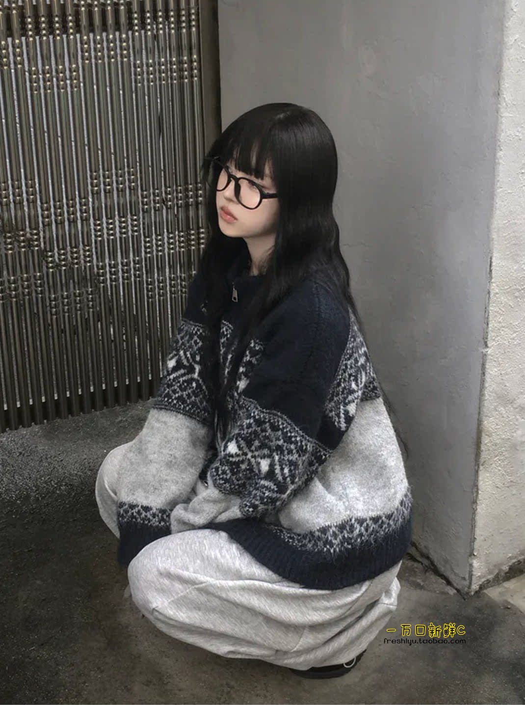 가을철 일기 공정한 섬 눈꽃 니트 지퍼 셔츠 따뜻한 부드럽다 찹쌀 레트로 캐주얼 루즈핏 스웨터 코트 상세 이미지 9