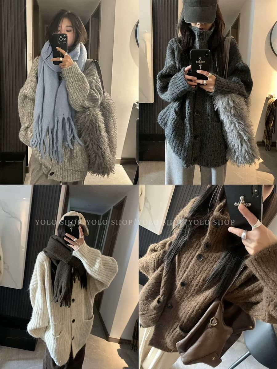 yolo shop 느긋한 look 한 부서 캐주얼 터틀넥 단추 스웨터 여성 코트 봄 가을 두꺼운 맨위 상세 이미지 1