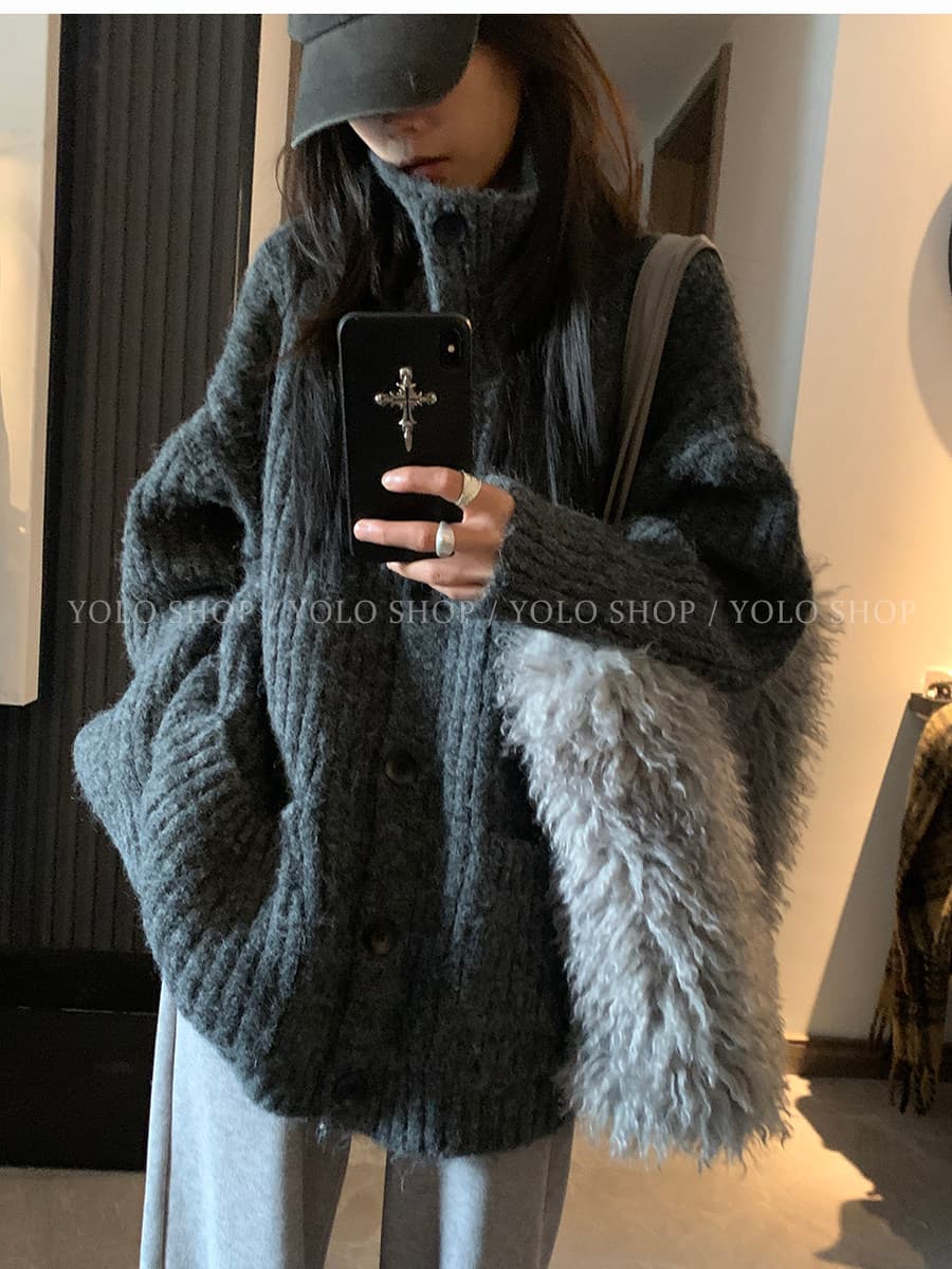 yolo shop 느긋한 look 한 부서 캐주얼 터틀넥 단추 스웨터 여성 코트 봄 가을 두꺼운 맨위 상세 이미지 27