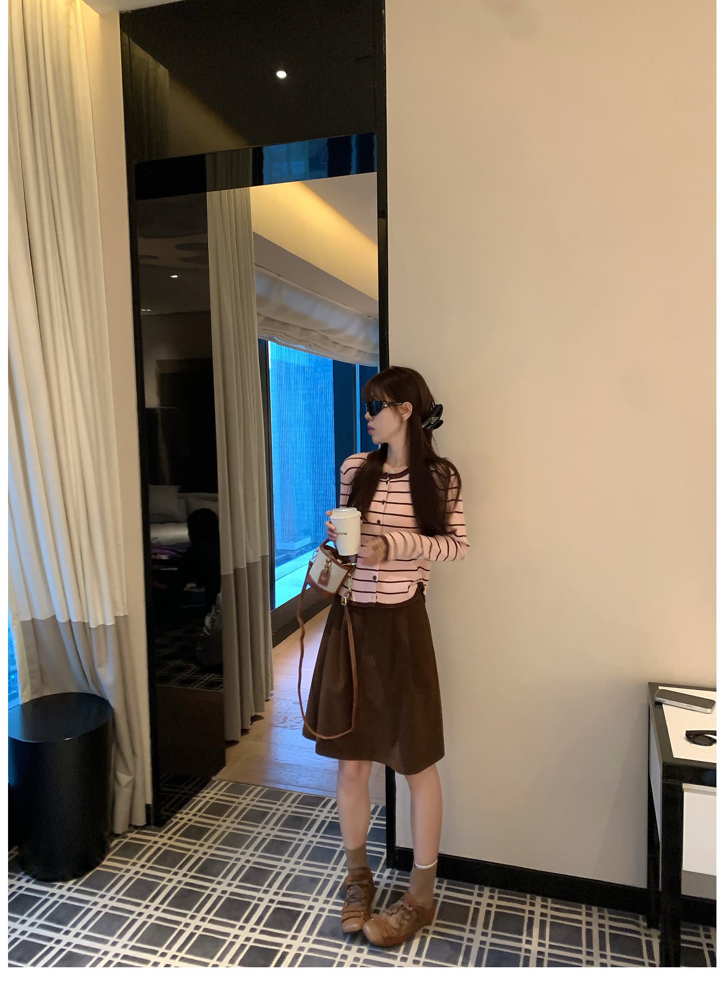 한 번 작은 짭짤한 핑크색 스트라이프 니트 오픈 가디건 여성 가을 몸매 가꾸기 슬림해 보이는 라운드 넥 긴팔 한 부서 달콤함 품격 오픈 가디건 상세 이미지 9