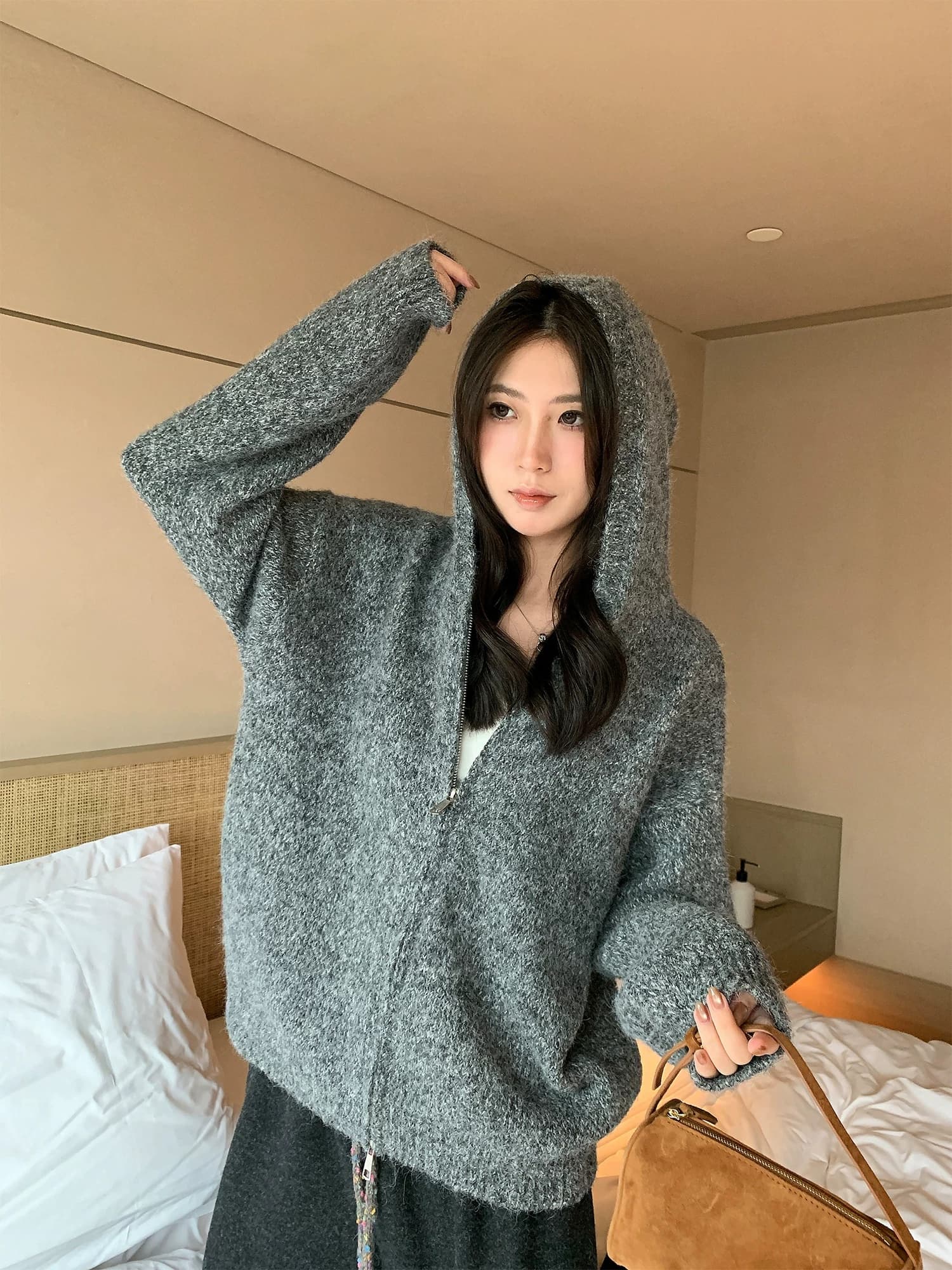 A 하나 꽃 실 더블 지퍼 후드 니트 여성 코트 가을 새로운 부드러운 찹쌀 루즈핏 회색 스웨터 오픈 가디건 이미지 5