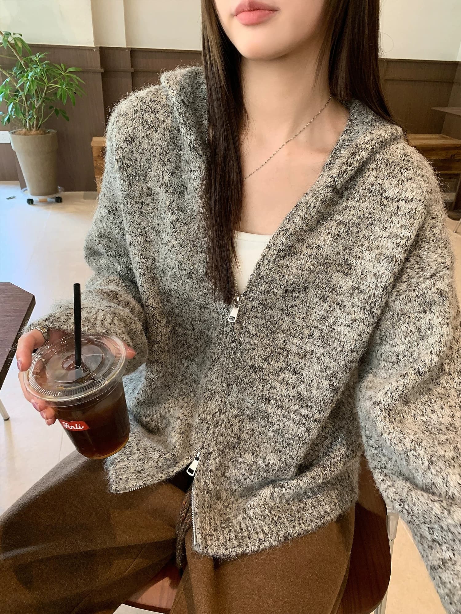A 하나 꽃 실 더블 지퍼 후드 니트 여성 코트 가을 새로운 부드러운 찹쌀 루즈핏 회색 스웨터 오픈 가디건 이미지 2