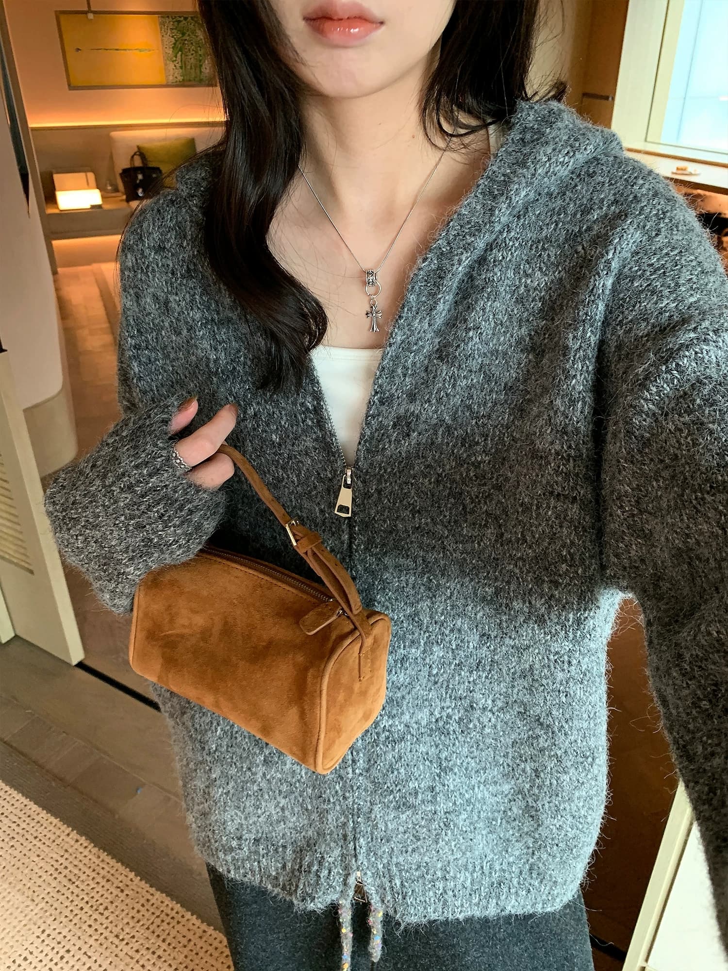 A 하나 꽃 실 더블 지퍼 후드 니트 여성 코트 가을 새로운 부드러운 찹쌀 루즈핏 회색 스웨터 오픈 가디건 상세 이미지 1