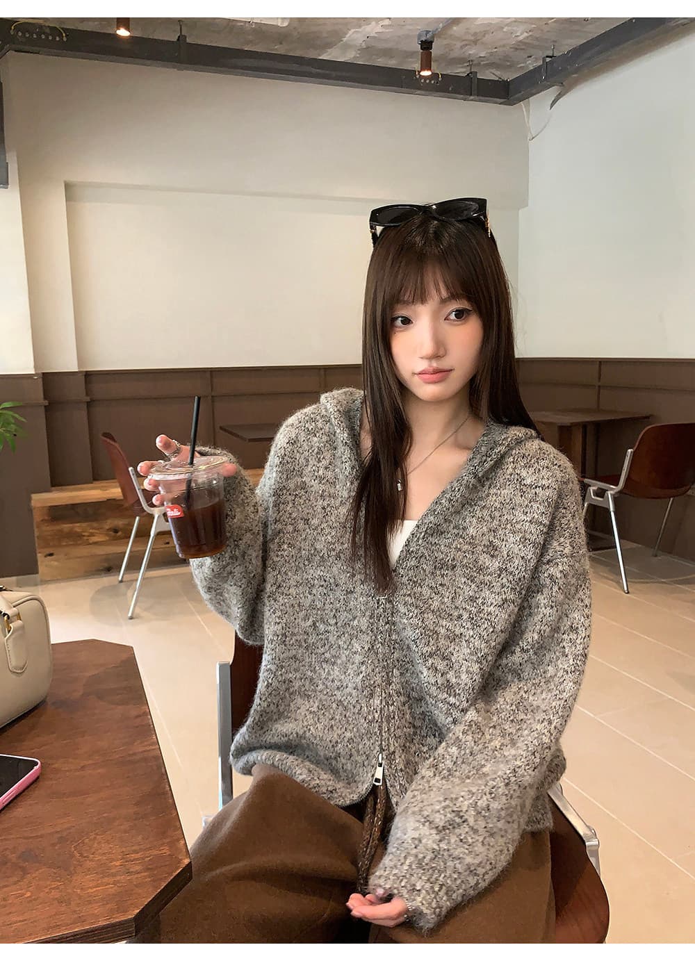 A 하나 꽃 실 더블 지퍼 후드 니트 여성 코트 가을 새로운 부드러운 찹쌀 루즈핏 회색 스웨터 오픈 가디건 상세 이미지 10