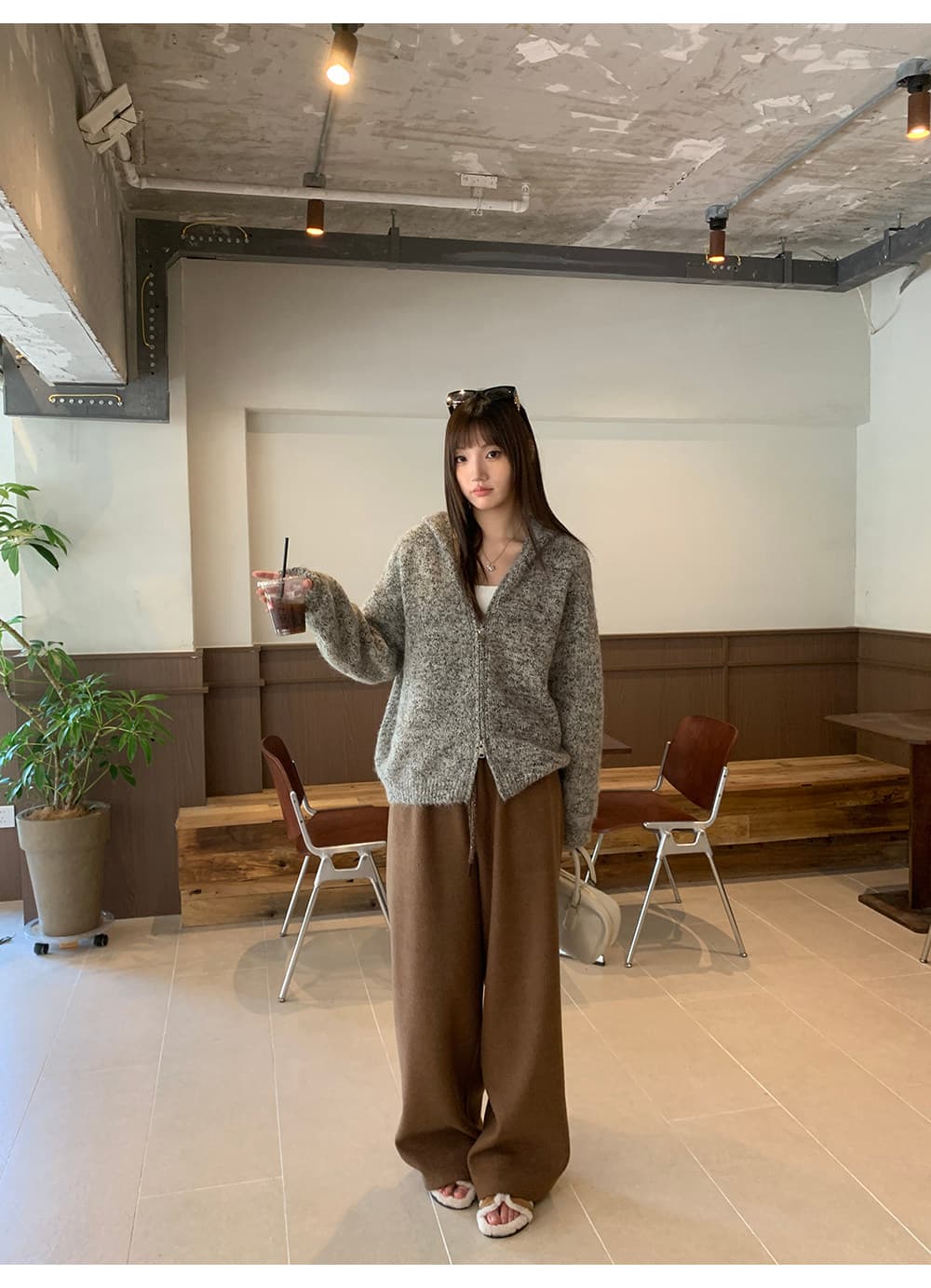 A 하나 꽃 실 더블 지퍼 후드 니트 여성 코트 가을 새로운 부드러운 찹쌀 루즈핏 회색 스웨터 오픈 가디건 상세 이미지 11