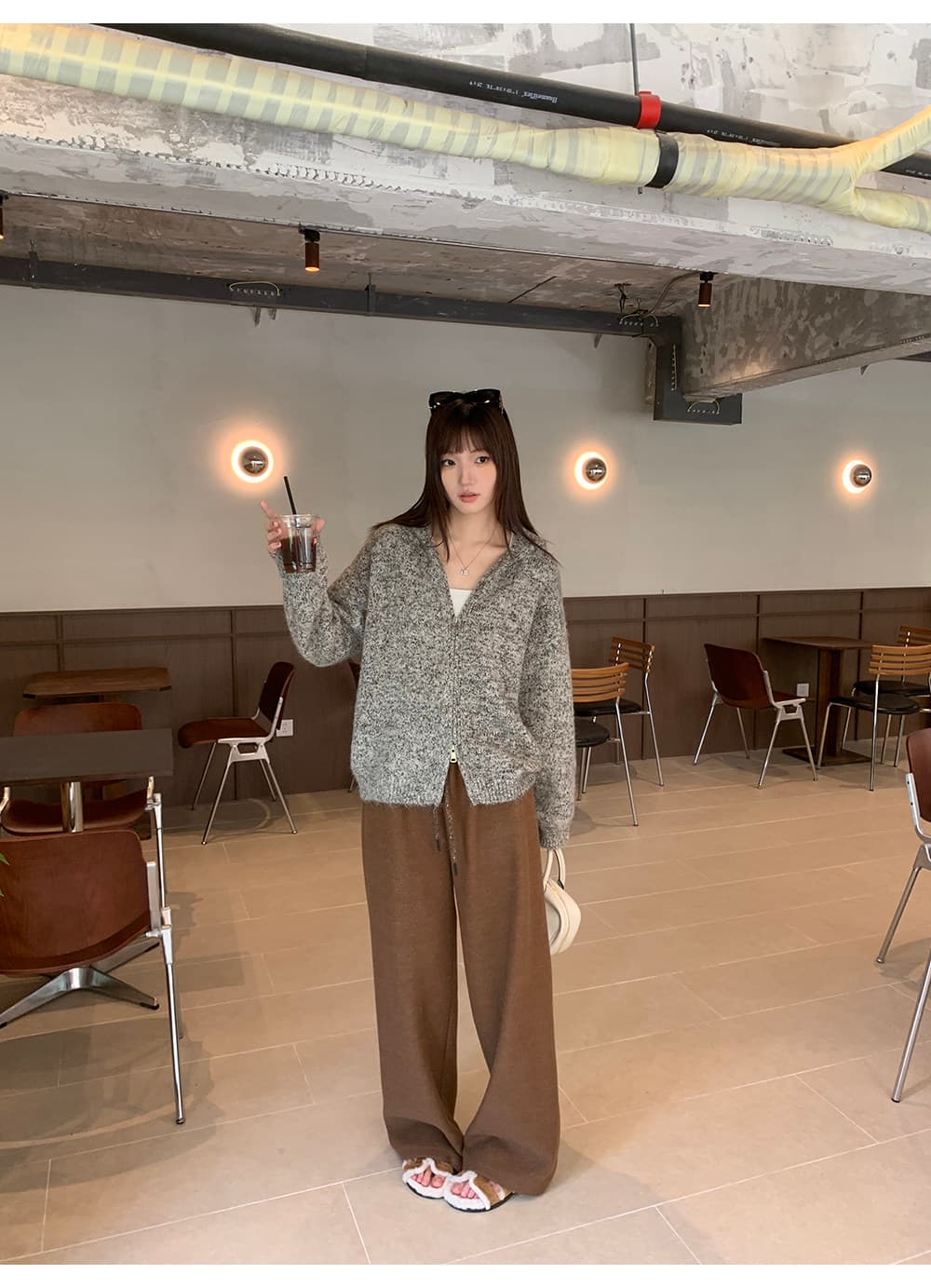 A 하나 꽃 실 더블 지퍼 후드 니트 여성 코트 가을 새로운 부드러운 찹쌀 루즈핏 회색 스웨터 오픈 가디건 상세 이미지 18