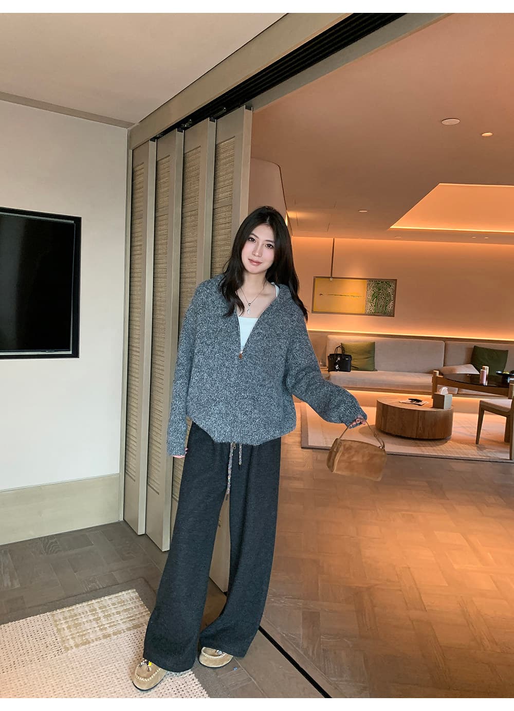 A 하나 꽃 실 더블 지퍼 후드 니트 여성 코트 가을 새로운 부드러운 찹쌀 루즈핏 회색 스웨터 오픈 가디건 상세 이미지 35