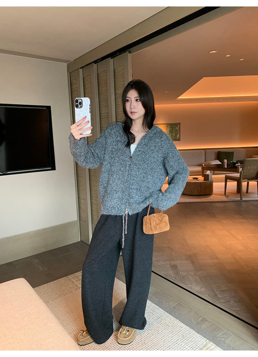 A 하나 꽃 실 더블 지퍼 후드 니트 여성 코트 가을 새로운 부드러운 찹쌀 루즈핏 회색 스웨터 오픈 가디건 상세 이미지 38