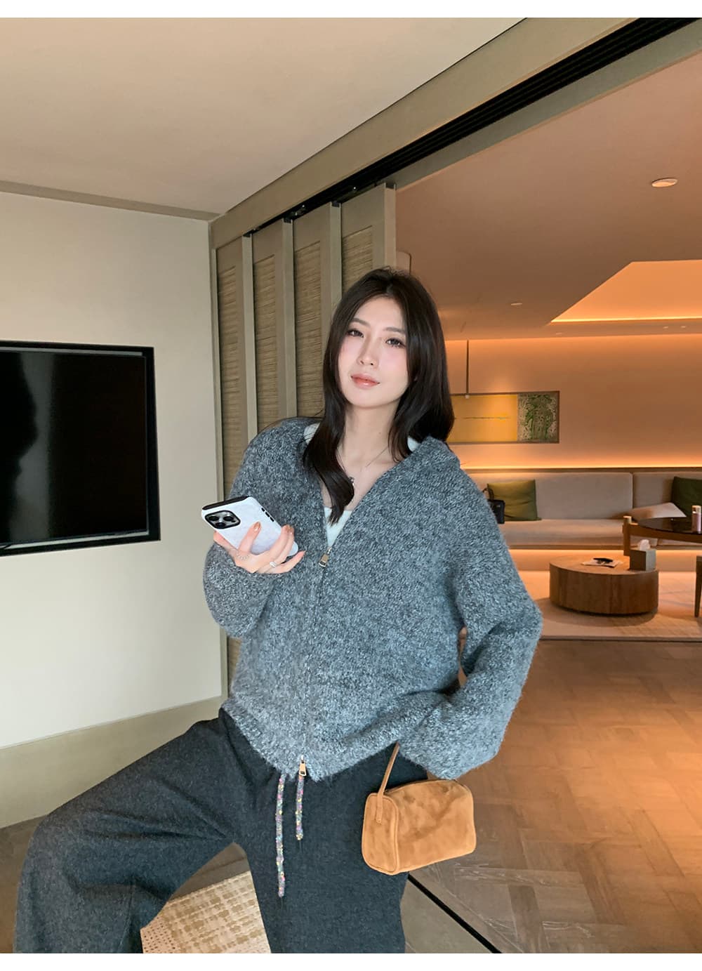 A 하나 꽃 실 더블 지퍼 후드 니트 여성 코트 가을 새로운 부드러운 찹쌀 루즈핏 회색 스웨터 오픈 가디건 상세 이미지 44